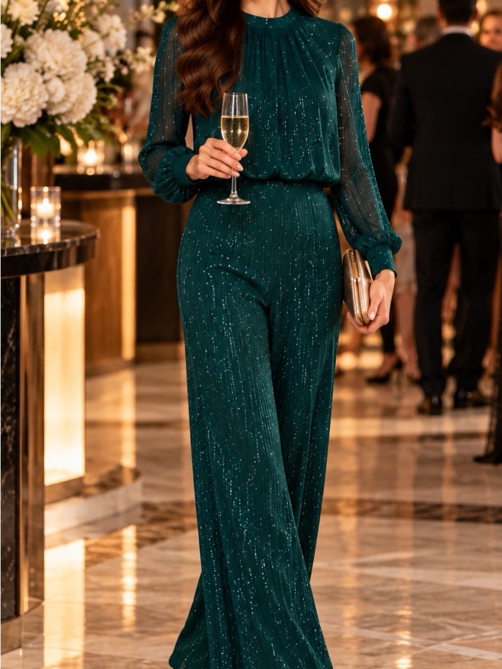 Emerald Green Sparkle Wide Leg Jumpsuit